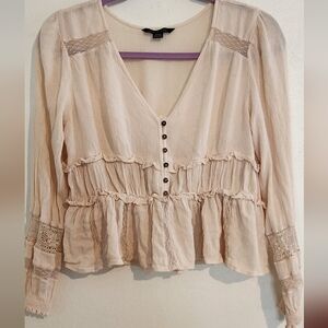 American Eagle Ruffled Cream Blouse with Lace Details